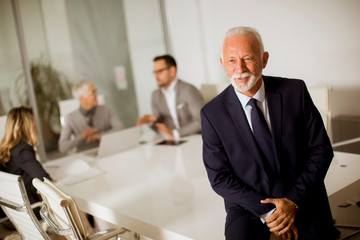 Senior businessman standing in office while other business people having meeting