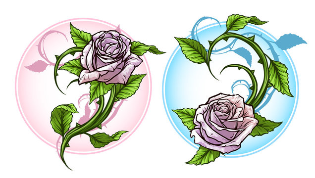 Graphic detailed cartoon pink roses flower with stem and leaves. On white background. Vector icon set. Vol. 3