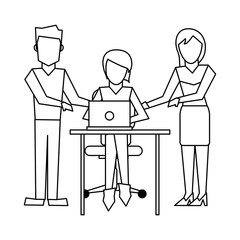 Business coworkers with laptop black and white