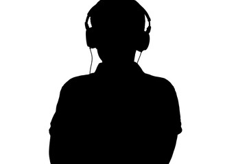 silhouette of teenager listening to music in headphones, male folded his arms on the chest on white isolated background