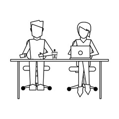 Business coworkers with laptop black and white