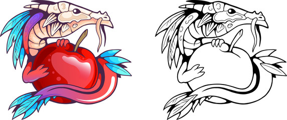 little cute cartoon dragon with an apple in its paws, funny illustration