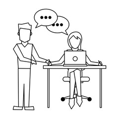 Business coworkers with laptop black and white