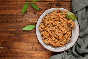 Vegetarian bigos - traditional Polish dish. Top view. Healthy food concept.