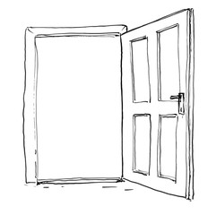 Black brush and ink artistic rough hand drawing of open wooden door.