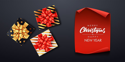 Christmas gifts boxes with red ribbons - Luxury Christmas greeting card