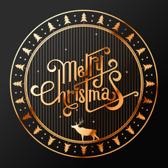 Hand drawn New year and Merry Christmas typography poster with coniferous forest, pines and deer . Celebration quotation for web, card, postcard, event icon logo or badge. Vintage style.