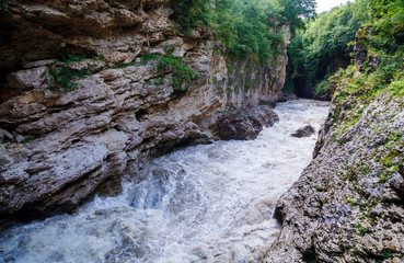 Landscape of a stormy mountain river. The Belaya River, Adygeya, Caucasus