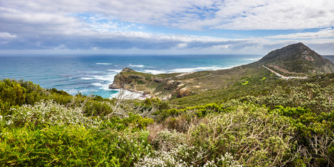 Panoramic view of the Atlantic and Indian ocean coast in South Africa with the Dias beach and Cape of Good Hope.