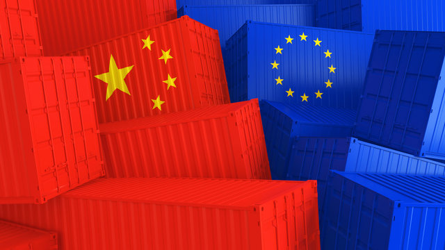 cargo containers with flags of Europe and China. The concept of trade between Europe and China. 3d illustration.