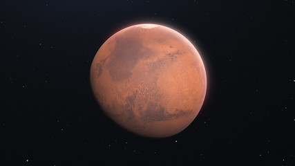 The planet Mars. High resolution red globe in space with stars. 3d render for science, business presentations and design.