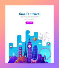 Travel banner design with famous landmarks in modern gradient style for travel or tourism website. Vector illustration