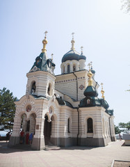 Church of Holy Resurrection of Christ on Red cliff and township Foros on Black sea coast, Crimea, Russia