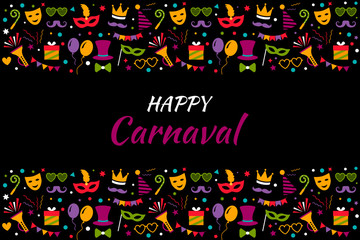 Celebration festive background with carnival icons and elements of the Venetian or Brazilian carnival. Colorful banner. flat vector illustration isolated