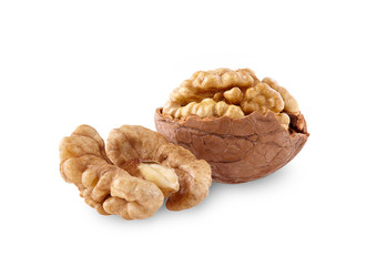 Walnuts in closeup on white background