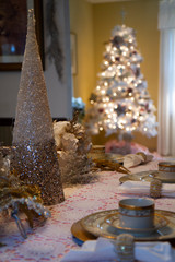 Dining room table set for a festive Christmas dinner with view of Christmas tree in background