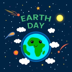 Naklejka premium April 22 is the day of the Earth. funny comic poster in a cartoon style. Planet Earth in space with stars and comets. flat vector illustration