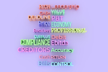 Fototapeta premium Colorful 3D rendering. Decorative, illustrations CGI typography, business finance related keywords, for design texture background.