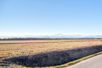 Fototapeta na wymiar A landscape of a harvested crop field next to an artificial canal with Monte Rosa massif in the background, in Bellinzago, Piedmont region, Italy