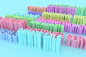 Colorful 3D rendering. Background abstract CGI typography, business marketing related keywords for design, graphic resource.