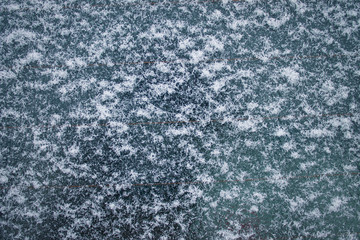 the texture of white fine snow on the glass. Background for cold winter