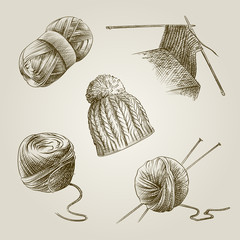 Hand Drawn Knitting Sketches Set. Collection Of knitting wool, knitting needles and knitting hat. Knitting elements Sketches isolated on pld paper background.