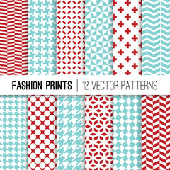 Geometric Fashion Prints Vector Patterns in Aqua Blue, Red and White. Christmas Backgrounds. Houndstooth, Herringbone, Triangles, Lattice, Polka Dots and Chevron. Repeating Pattern Tile Swatches Incl