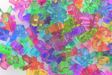 Colorful transparent plastic or glass 3D rendering. Bunch of currency sign represent money or profit. For graphic design or background, CGI typography.