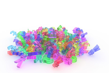 Decorative, illustrations CGI typography, bunch of currency sign represent money or profit, for design texture background. Colorful transparent plastic or glass 3D rendering.