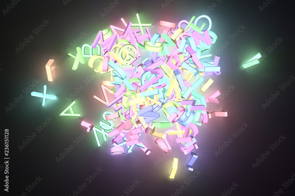 Fototapete grow neon 3d rendering. background abstract cgi typography, alphabetic character letter of abc for d