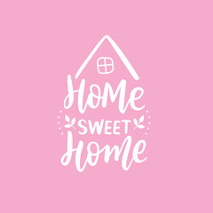 Hand Lettering print for textile. Hand lettering sweet home. White calligraphy with house on pink background.