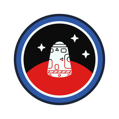 Circle stripe silhouette vector logo of aerospace mars program landing rescue capsule. Galaxy investigations emblem. Cartoon style rocket, astronaut insignia equipment. Spaceship technology.Textile.
