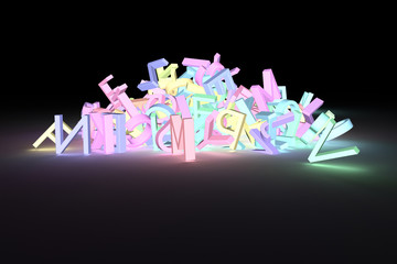 CGI typography, alphabetic character, letter of ABC for design texture, background. Grow neon 3D rendering.