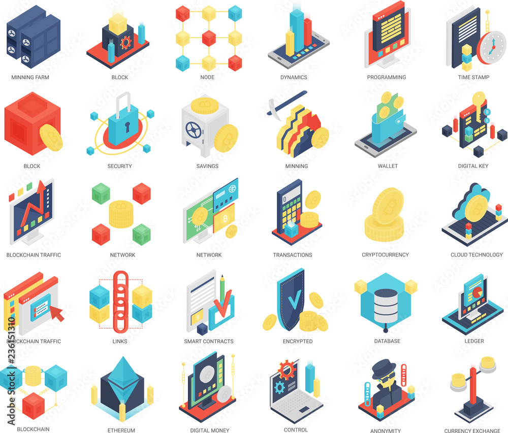 Poster isometric icons of blockchain and security, cryptocurrency mining equipment, safety code isolated ve