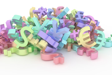 Fototapeta premium Colorful 3D rendering. Illustrations of CGI typography, bunch of currency sign, money or profit for graphic design or wallpapers.