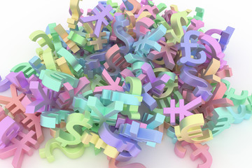 Fototapeta premium Bunch of currency sign represent money or profit. For graphic design or background, CGI typography. Colorful 3D rendering.