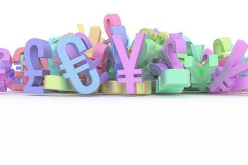 Bunch of currency sign represent money or profit. For graphic design or background, CGI typography. Colorful 3D rendering.