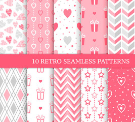Ten different seamless patterns. Romantic pink backgrounds for Valentine's or wedding day. Endless texture for wallpaper, web page, wrapping paper and etc. Retro love style. Zigzag, gift and hearts.
