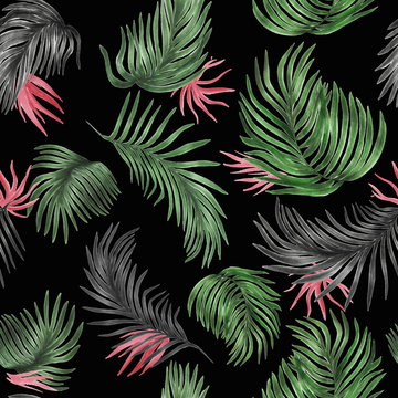 Watercolor painting semless pattern with tropical leaves on black background