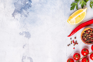 Food background with vegetables, spices,  herbs.