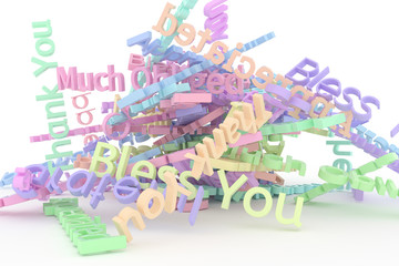 Colorful 3D rendering. Illustrations of CGI typography, character, thank you for graphic design or wallpapers.