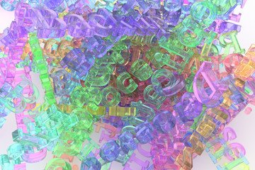 Colorful transparent plastic or glass 3D rendering. Bunch of computer technology related keywords for information overload. For graphic design or background, CGI typography.