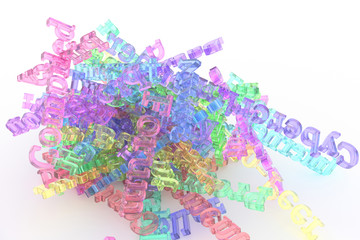 Colorful transparent plastic or glass 3D rendering. Decorative, illustrations CGI typography, bunch of computer technology related keywords for information overload, for design texture background.