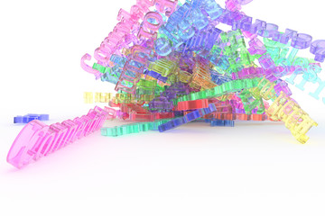 Abstract CGI typography, bunch of computer technology related keywords for information overload. Wallpaper for graphic design. Colorful transparent plastic or glass 3D rendering.