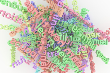 Colorful 3D rendering. CGI typography, bunch of education related keywords, information overload for design texture, background.