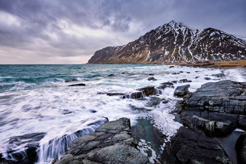 Norwegian fjord and mountains in winter. Lofoten islands, Norway