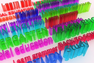 Colorful transparent plastic or glass 3D rendering. Decorative, illustrations CGI typography, education related keywords, for design texture background.