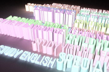CGI typography, education related, keywords for design texture, background. Colorful 3D rendering.