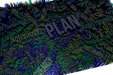 Colorful 3D rendering. Abstract shape composition, geometric structure block. Wallpaper for graphic design. Plan.