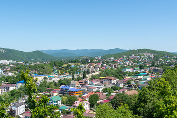 Top view of Arkhipo-Osipovka and Caucasus mountains